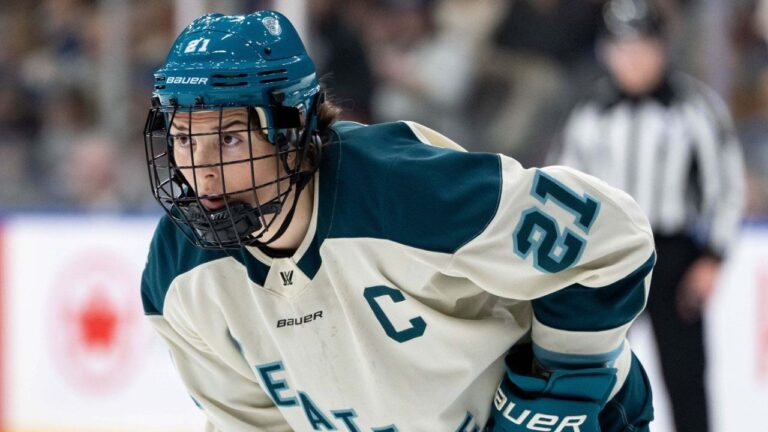 Seattle Torrent's Hilary Knight (21) waits for a face off against the Vancouver Goldeneyes during the second period of a PWHL hockey game in Vancouver, on Tuesday, April 14, 2026. (Ethan Cairns/CP)