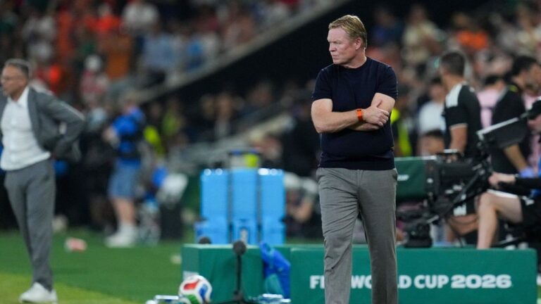 Netherlands head coach Ronald Koeman reacts during the World Cup round of 32 soccer match between the Netherlands and Morocco in Guadalupe, near Monterrey, Mexico, Monday, June 29, 2026. (Dolores Ochoa/AP)