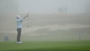 Chase Kyes lines up a putt on the first hole during the first round of the U.S. Open golf tournament at Shinnecock Hills Golf Club in Southampton, N.Y., Thursday, June 18, 2026.(David J. Phillip/AP)