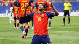 Spain's Lamine Yamal celebrates after scoring his side's opening goal during the World Cup Group H soccer match between Spain and Saudi Arabia in Atlanta, Sunday, June 21, 2026. (Erik S.Lesser/AP)