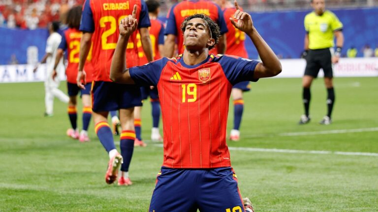 Spain's Lamine Yamal celebrates after scoring his side's opening goal during the World Cup Group H soccer match between Spain and Saudi Arabia in Atlanta, Sunday, June 21, 2026. (Erik S.Lesser/AP)