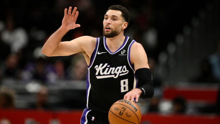 Sacramento Kings guard Zach LaVine (8) in action during the second half of an NBA basketball game against the Washington Wizards, Sunday, Feb. 1, 2026, in Washington. (Nick Wass/AP)