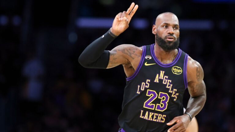 Los Angeles Lakers forward LeBron James gestures after making a basket against the Phoenix Suns during the first half of an NBA basketball game, Friday, April 10, 2026, in Los Angeles. (Jessie Alcheh/AP)