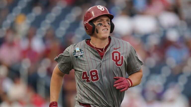 Oklahoma catcher Deiten Lachance (48) during an NCAA baseball College World Series game against Alabama, Saturday, June 13, 2026 in Omaha, Neb. (Vera Nieuwenhuis/AP Photo)