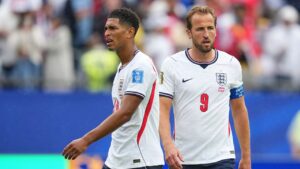 England's Harry Kane (9), right, and England's Jude Bellingham (10) during the World Cup Group L soccer match between England and Ghana in Foxborough, Mass., near Boston, Tuesday, June 23, 2026. (Martin Meissner/AP)