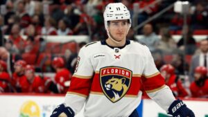 Florida Panthers' MacKie Samoskevich (11) waits for a face-off against the Carolina Hurricanes during the third period of an NHL hockey game in Raleigh, N.C., Friday, Jan. 16, 2026. (Karl DeBlaker/AP)
