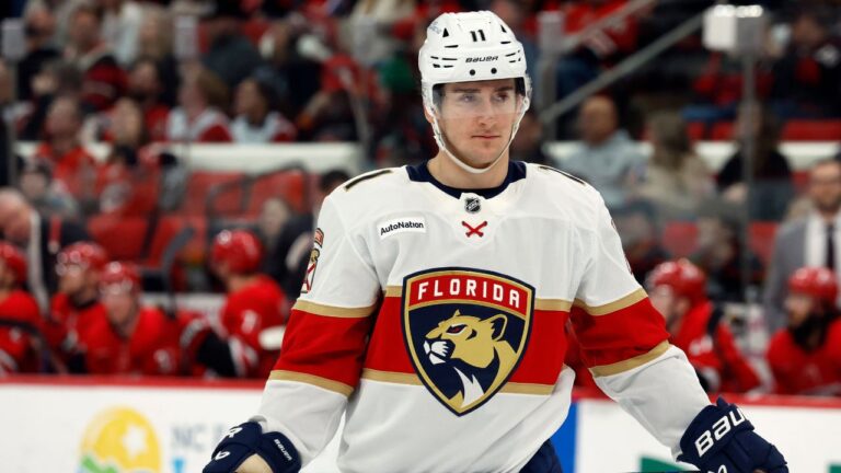 Florida Panthers' MacKie Samoskevich (11) waits for a face-off against the Carolina Hurricanes during the third period of an NHL hockey game in Raleigh, N.C., Friday, Jan. 16, 2026. (Karl DeBlaker/AP)