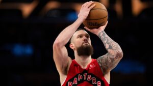 Toronto Raptors forward Sandro Mamukelashvili (54) shoots during an NBA basketball game against the Los Angeles Lakers in Los Angeles, Sunday, Jan. 18, 2026. (Kyusung Gong/AP)