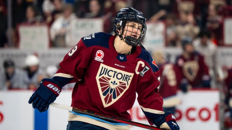 Montreal Victoire's Marie-Philip Poulin (29) warms up ahead of PWHL playoff hockey against the Minnesota Frost in Laval, Que., on Tuesday, May 5, 2026. (Christopher Katsarov/CP)