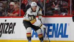 Vegas Golden Knights' Mitch Marner (93) controls the puck against the Carolina Hurricanes during the second period in Game 1 of the NHL hockey Stanley Cup Final series in Raleigh, N.C., Tuesday, June 2, 2026. (Karl DeBlaker/AP)