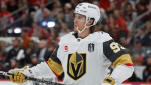 Vegas Golden Knights' Mitch Marner (93) skates against the Carolina Hurricanes during the first period in Game 5 of the NHL hockey Stanley Cup Final series in Raleigh, N.C., Thursday, June 11, 2026. (Karl DeBlaker/AP)