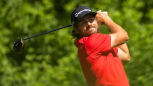 Matthew Anderson, of Mississauga, Ont., tees off on the eighth hole during the second round of the RBC Canadian Open in Caledon, Ont., on Friday, June 12, 2026. (Nick Iwanyshyn/CP)
