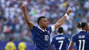 France's Kylian Mbappe (10) celebrates scoring their third goal during the World Cup round of 32 soccer match between France and Sweden in East Rutherford, N.J., near New York, Tuesday, June 30, 2026. (Pamela Smith/AP)