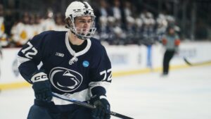 Penn State forward Gavin McKenna skates during an NCAA regional game against Minnesota Duluth, March 27, 2026, in Albany, N.Y. (Vera Nieuwenhuis/AP)
