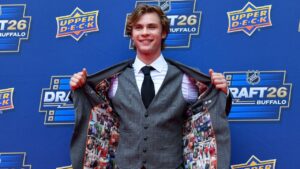 Gavin McKenna arrives on the red carpet before the NHL hockey draft Friday, June 26, 2026, in Buffalo, N.Y. (Adrian Kraus/AP Photo)