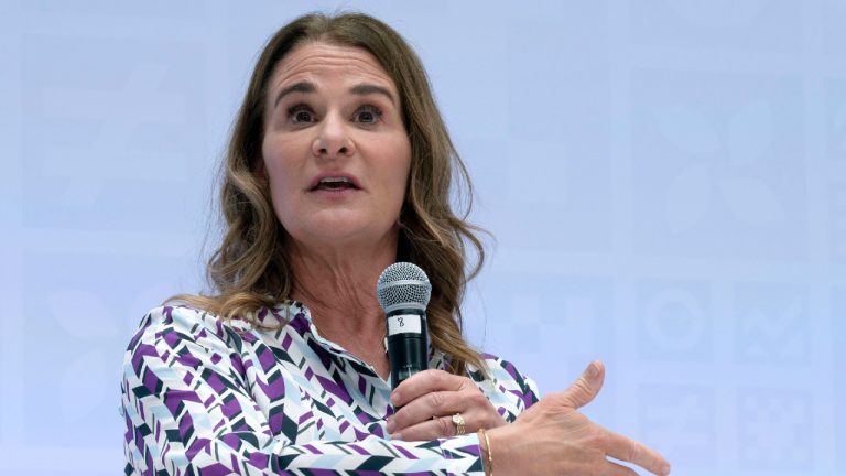Co-chair of the Bill & Melinda Gates Foundation Melinda French Gates speaks at the Seminar: Digital Public Infrastructure: Stacking up the Benefits, during the World Bank/IMF Spring Meetings at the International Monetary Fund (IMF) headquarters in Washington, Friday, April 14, 2023. (Jose Luis Magana/AP)