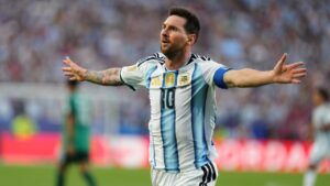 Argentina's Lionel Messi (10) celebrates after scoring the opening goal during the World Cup Group J soccer match between Argentina and Algeria in Kansas City, Mo., Tuesday, June 16, 2026. (Ed Zurga/AP)
