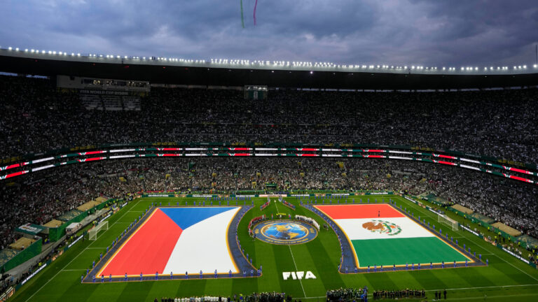 General view during the pregame ceremony before the World Cup Group A soccer match between Czechia and Mexico in Mexico City, Wednesday, June 24, 2026. (Eduardo Verdugo/AP)