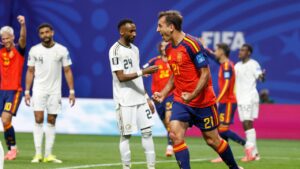 Spain's Mikel Oyarzabal celebrates after scoring during the World Cup Group H soccer match between Spain and Saudi Arabia in Atlanta, Sunday, June 21, 2026. (Erik S.Lesser/AP)