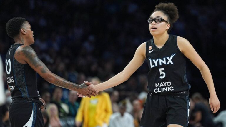 Minnesota Lynx guards Courtney Williams (10) and Olivia Miles (5) high-five during the second half of a WNBA basketball game against the Atlanta Dream Wednesday, May 27, 2026, in Minneapolis. (Abbie Parr/AP)