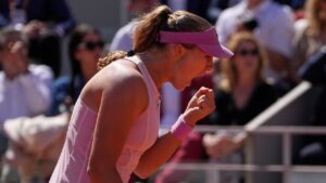 Russia's Mirra Andreeva reacts during the final tennis match against Poland's Maja Chwalinska at the French Open in Paris, Saturday, June 6, 2026. (Thibault Camus/AP)