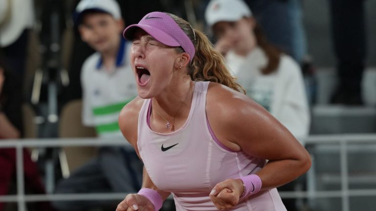 Russia's Mirra Andreeva reacts after winning during the semifinal tennis match against Ukraine's Marta Kostyuk at the French Open in Paris, Thursday, June 4, 2026. (Thibault Camus/AP)