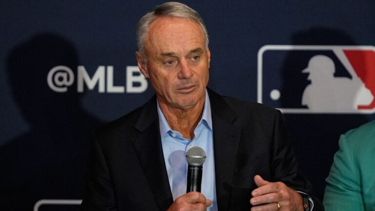 Rob Manfred, commissioner of Major League Baseball answers questions during a news conference at the MLB winter meetings, Dec. 8, 2025, in Orlando, Fla. (John Raoux/AP)
