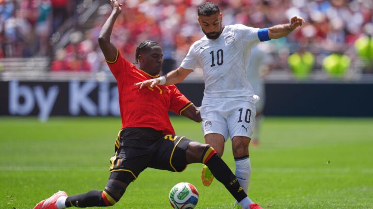 Egypt's Mohamed Salah, right is tackled by Belgium's Amadou Onana, during the World Cup Group G soccer match between Belgium and Egypt in Seattle, Monday, June 15, 2026. (Manu Fernandez/AP)