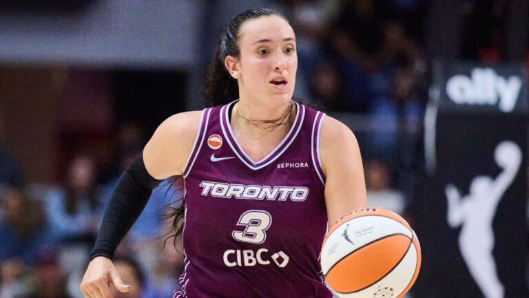 Toronto Tempo's Marina Mabrey (3) sprints up the court during first half WNBA basketball action against the Los Angeles Sparks in Toronto, on Thursday, June 25, 2026. (Sammy Kogan/CP)