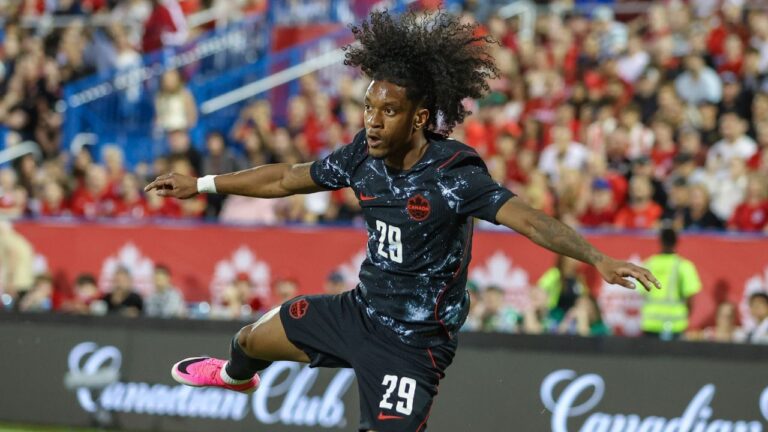 Canada forward Jayden Nelson (29) strikes the ball during an international friendly soccer match against Ireland in Montreal, Friday, June 5, 2026. (Gary McCullough/AP)