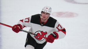 New Jersey Devils' Simon Nemec skates during the third period of an NHL hockey game against the Pittsburgh Penguins in Pittsburgh, Thursday, Feb. 26, 2026. (Gene J. Puskar/AP)