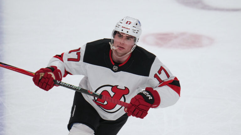 New Jersey Devils' Simon Nemec skates during the third period of an NHL hockey game against the Pittsburgh Penguins in Pittsburgh, Thursday, Feb. 26, 2026. (Gene J. Puskar/AP)