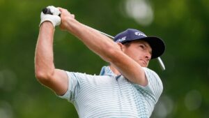Canadian Drew Nesbitt tees off on the ninth hole during the first round of the Canadian Open in Toronto on Thursday, June 8, 2023. (Andrew Lahodynskyj/THE CANADIAN PRESS)