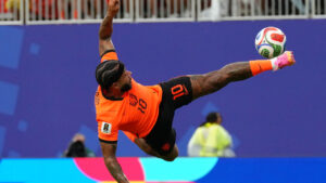 Netherlands' Memphis Depay tries to reach the ball in front of the goal during the World Cup Group F soccer match between Tunisia and the Netherlands in Kansas City, Mo., Thursday, June 25, 2026. (Ed Zurga/AP)