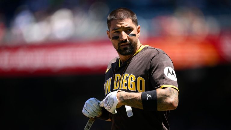 San Diego Padres' Nick Castellanos looks on during a baseball game against the Washington Nationals, Sunday, May 31, 2026, in Washington. (Nick Wass/AP)