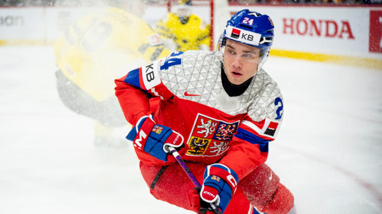 Czechia's Adam Novotny (24) skates with the puck during first period IIHF World Junior Hockey Championship Finals action against Sweden, in St. Paul on Monday, Jan. 5, 2026. (Christopher Katsarov/CP)