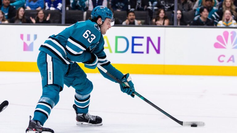 San Jose Sharks centre Zack Ostapchuk (63) prepares to shoot against the Toronto Maple Leafs during the first period of an NHL hockey game in San Jose, Calif., Thursday, April 2, 2026. (John Hefti/AP)