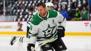 Dallas Stars centre Joe Pavelski warms up for Game 6 of the team's NHL hockey playoff series against the Colorado Avalanche on Friday, May 17, 2024, in Denver. (David Zalubowski/AP)