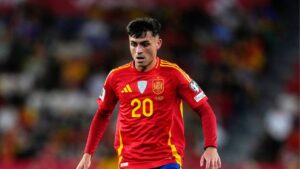 Spain's Pedri during the World Cup 2026 group E qualifying soccer match between Spain and Bulgaria in Valladolid, Spain, Tuesday, Oct. 14, 2025. (Manu Fernandez/AP)