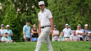 J.T. Poston reacts to his chip shot onto the sixth green during the third round of the Memorial golf tournament, in Dublin, Ohio, Saturday, June 6, 2026. (Sue Ogrocki/AP)