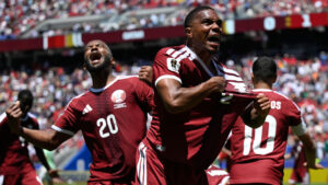 Qatar's Pedro Miguel, yells as he celebrates after teammate Qatar's Boualem Khoukhi, scored his sides first goal during the World Cup Group B soccer match between Qatar and Switzerland in Santa Clara, Calif., near San Francisco, Saturday, June 13, 2026. (Eakin Howard/AP)
