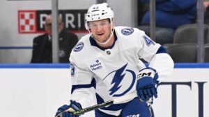 Tampa Bay Lightning's Darren Raddysh (43) in action during the first period of an NHL hockey game against the St. Louis Blues Friday, Jan. 16, 2026, in St. Louis. (Connor Hamilton/AP)