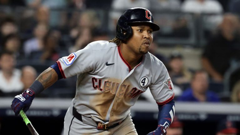 Cleveland Guardians' Jose Ramirez (11) watches his run scoring double during the fifth inning of a baseball game against the New York Yankees, Tuesday, June 2, 2026, in New York. (Adam Hunger/AP Photo)