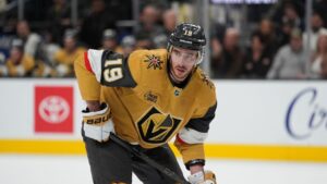 Vegas Golden Knights right wing Reilly Smith (19) plays against the Minnesota Wild during an NHL hockey game Friday, March 6, 2026, in Las Vegas. (John Locher/AP)