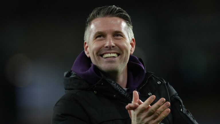 Wolverhampton Wanderers' head coach Rob Edwards celebrates after the English Premier League soccer match between Wolverhampton Wanderers and Liverpool in Wolverhampton, England, on March 3, 2026. (Dave Shopland/AP)