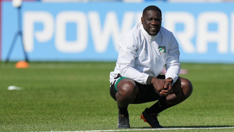 Ivory Coast head coach Emerse Fae watches a training session on the eve of the team's World Cup soccer match against Germany, Friday, June 19, 2026, in Toronto. (AP Photo/Stephanie Scarbrough)
