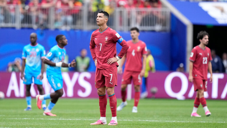 Portugal's Cristiano Ronaldo reacts during the World Cup Group K soccer match between Portugal and Congo in Houston, Wednesday, June 17, 2026. (Ashley Landis/AP)