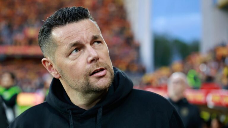Lens' head coach Pierre Sage stands before a League One soccer match between Lens and Toulouse in Lens, France, Friday, April 17, 2026. (Jean-Francois Badias/AP)