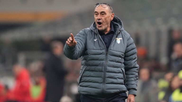 Lazio's head coach Maurizio Sarri gestures during the Serie A soccer match between AC Milan and Lazio, in Milan, Italy, Nov. 29, 2025. (Antonio Calanni/AP)