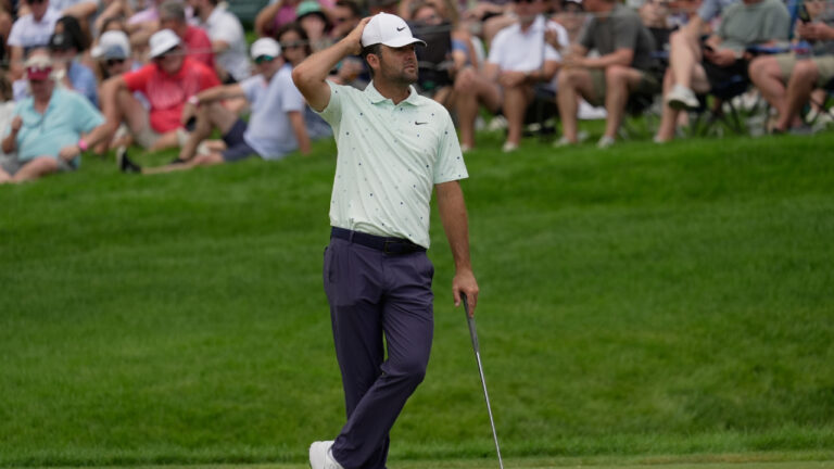 Scottie Scheffler pauses on the 14th green during the second round of the Memorial golf tournament in Dublin, Ohio, Friday, June 5, 2026. (Sue Ogrocki/AP)